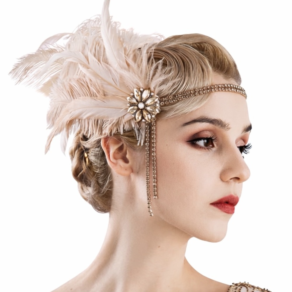 Vintage-Inspired Cream Feather Headband with Crystal Accent